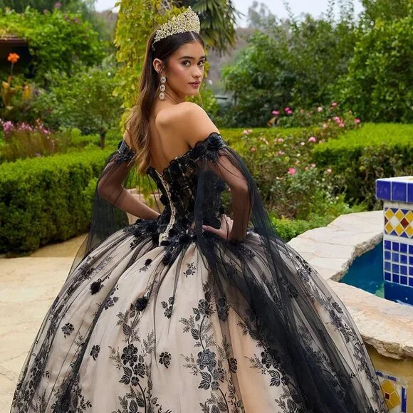 New Black-Champagne Quinceanera Gown w/ Floral Applique Lace Up Corset GL3500 - Picture 10 of 12